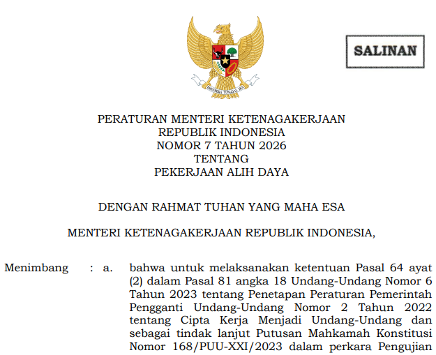Cover PERATURAN MENTERI KETENAGAKERJAAN  REPUBLIK INDONESIA NOMOR 7 TAHUN 2026 TENTANG PEKERJAAN ALIH DAYA